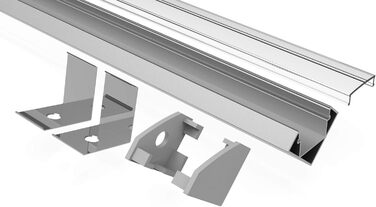 М E45 Повний комплект для смуг/стрічок шириною до 12 мм Кришка прозора прозора, торцеві заглушки, кріпильні затискачі L-подібний кутовий кутовий профіль Кутовий профіль анодований, 2