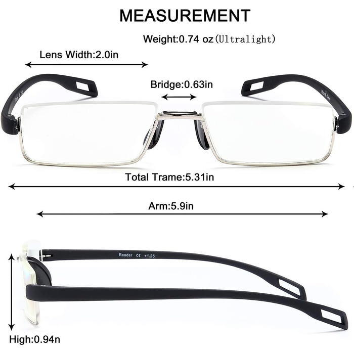 Окуляри для читання EYEURL з надлегкими окулярами TR90 Оправа Металева оправа Посібник для читання з футляром для окулярів для жінок і чоловіків Окуляри для читання проти синього світла Чорний 1.75 x