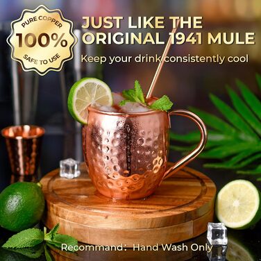 Мідні чашки Moscow Mule - набір з 4-х, 100 ручної роботи, суцільнолиті мідні чашки, подарунковий набір з 4 мідними соломинками, 1 ложкою для розмішування, 1 мідною чаркою, 1 щіткою для чищення соломинок.