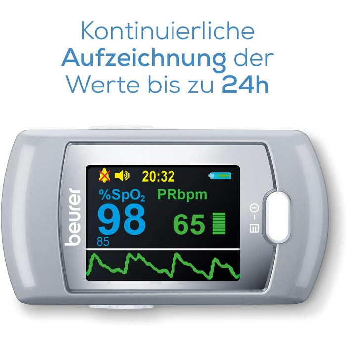 Пульсоксиметр Beurer PO 80, вимірювання насичення крові киснем (SpO) і частоти серцевих скорочень (пульсу), 24-годинний безперервний запис, програмне забезпечення 'beurer SpO Assistant', функція сигналу
