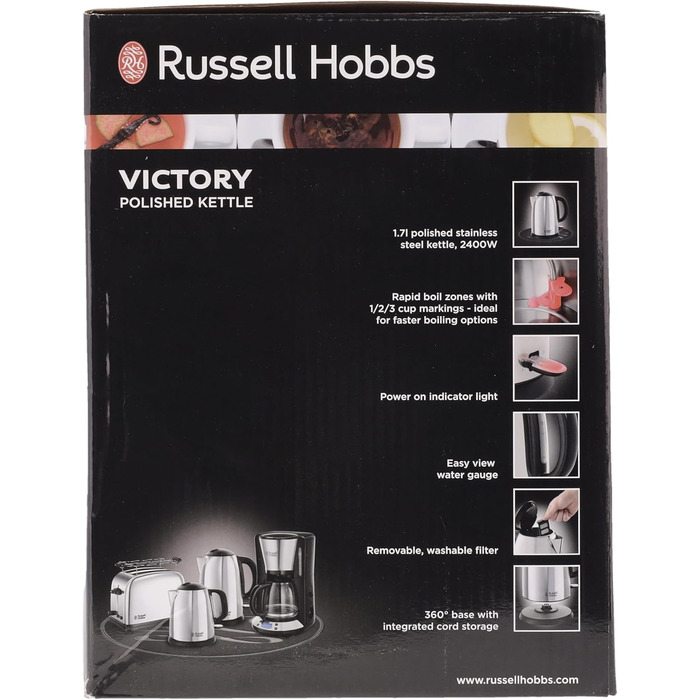 Чайник Russell Hobbs 1,7 л, 2400 Вт Victory полірований з нержавіючої сталі (функція приготування під тиском, знімний фільтр від накипу, оптимізований носик виливу, знімне маркування кількості наповнювача) Чайник для чаю 23930-70 Чайник 1,7л