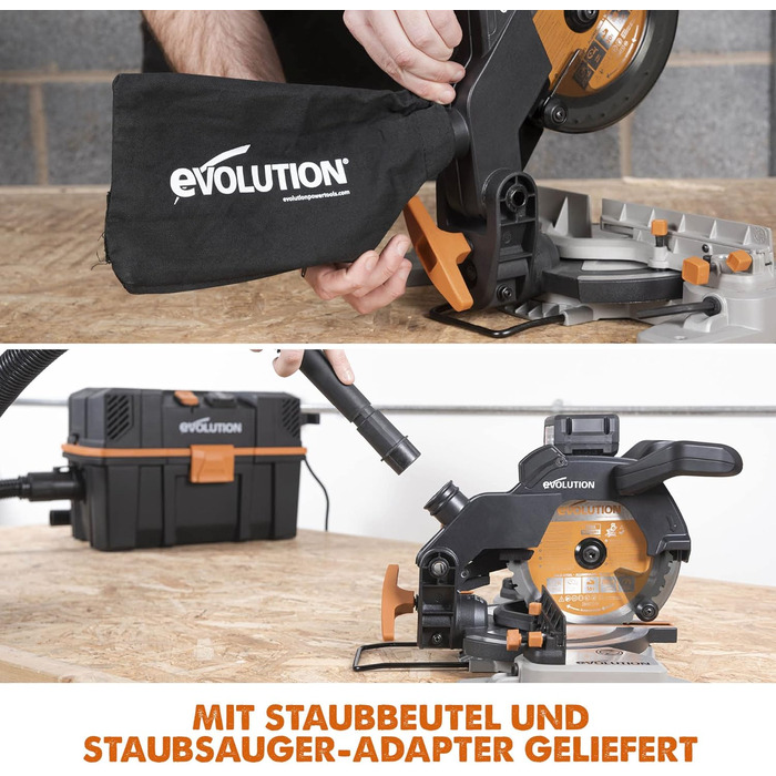 Акумуляторна торцювальна пила Evolution Power Tools R185CMS-Li з багатоцільовим полотном, 850 Вт - 4 Ач акумулятор та зарядний пристрій, пиляльне полотно TCT 185 мм у комплекті, гарантія 3 роки