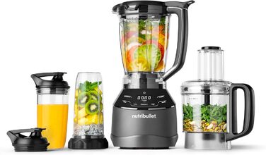 Повнорозмірний блендер nutribullet Combo, електричний блендер, багатофункціональний подрібнювач, професійний, потужність 1200 Вт, глечик 1,89 л, банки 946 мл і 710 мл, чорний, NBF500MB версія для ЄС