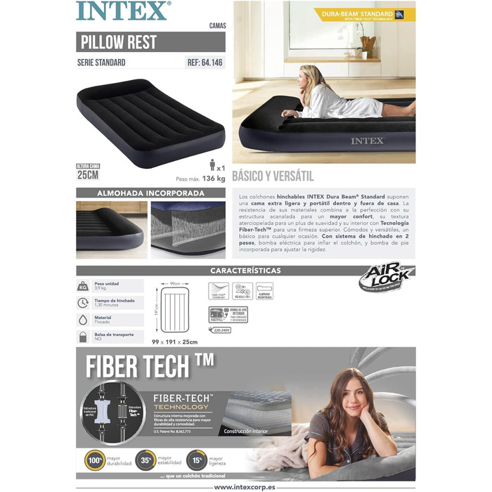 Подвійна подушка Intex Classic НАДУВНЕ ліжко W/Fiber-TECH BIP, розмір 99x1925см