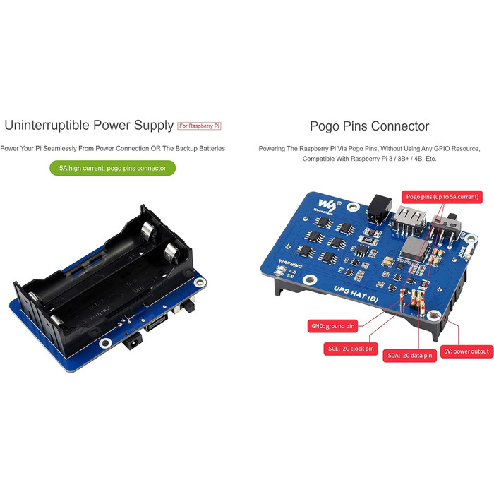 ДБЖ Waveshare має модуль безперебійного живлення 5 В для Raspberry Pi 4B/3B/3B, струм до 5 А, роз'єм Pogo Pins, бортові схеми захисту ESC 5 В і кілька акумуляторів, шину I2C ДБЖ HAT (B) (ЄС)