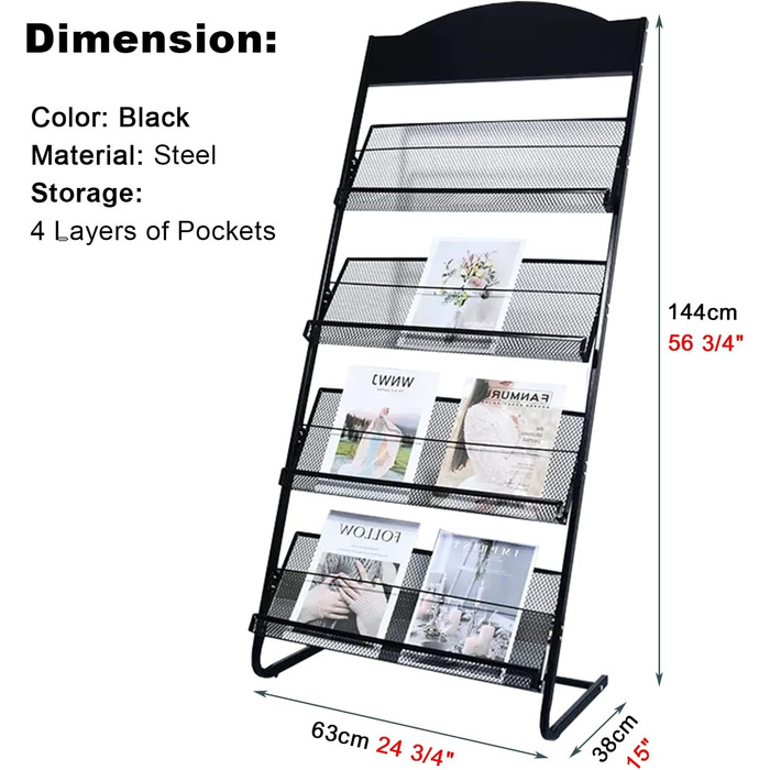 Шаровий стелаж для журналів LJPZYOY, підлоговий стелаж для брошур, переносний металевий стелаж для каталогів, багатоцільовий стелаж (колір чорний), 4-