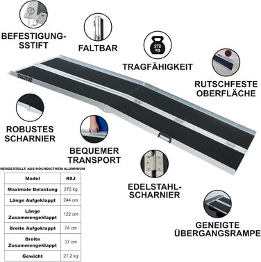 Рампа для інвалідних візків 244 см Складна 272 кг Складна мобільна алюмінієва нековзна рампа для інвалідного візка Великий вибір 2.44 м R8J