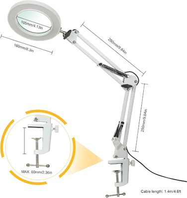 Світлодіодна лампа-лупа Tomshine із затискачем, 8-кратна збільшувальна лампа, регульована поворотна лампа, настільна лампа, 3 колірні режими, з можливістю затемнення, для столу, рукоділля, верстака білий