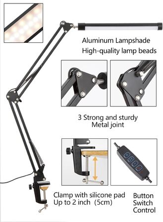 Настільна лампа LED, регульована поворотна настільна лампа із затискачем, настільна лампа з живленням від USB з регулюванням яскравості, легка для читання, 3 режими, 10 рівнів яскравості, функція пам'яті для дому, офісу