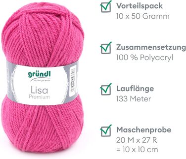 Пряжа Grndl Lisa Premium Uni Knitting & Chet Yarn (м'яка і вовняна характер, проста в догляді миється трикотажна пряжа з 100 поліакрилу, 50 г/ 133 м, розмір голки 3,5 - 4,5, 10 клубків по 50 г кожен), (рожевий 44)