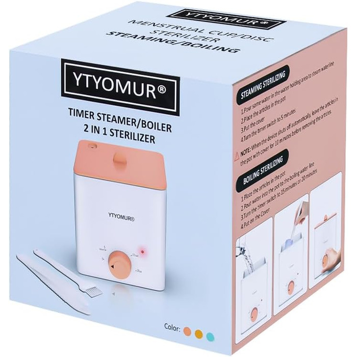 Оновлений очищувач менструальних чашок Menstrual Cup Steamer 2 в 1 режими приготування та приготування на пару, таймер з кнопкою одним натисканням, автоматичне вимкнення, з 1 щіткою для чищення, 1 термостійкий затискач помаранчевий