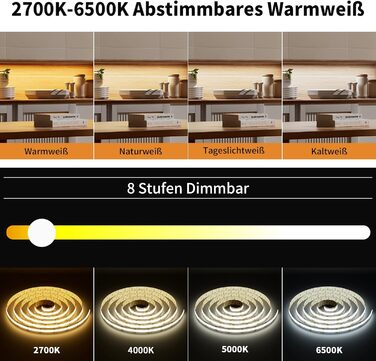 Світлодіодна стрічка PAUTIX COB CCT Теплий білий Холодний білий, 5M 3200 світлодіодів з можливістю затемнення 2700K-6500K 24V Набір світлодіодних стрічок з джерелом живлення та радіочастотним пультом дистанційного керування для спальні Кухня Телевізор Дзе