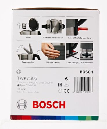 Акумуляторний чайник Bosch TWK7S05, автоматичне вимкнення, захист від перегріву, автоматична зупинка подачі пари, легке очищення, 1,7 л, 2200 Вт, чорний/сірий Одинарний