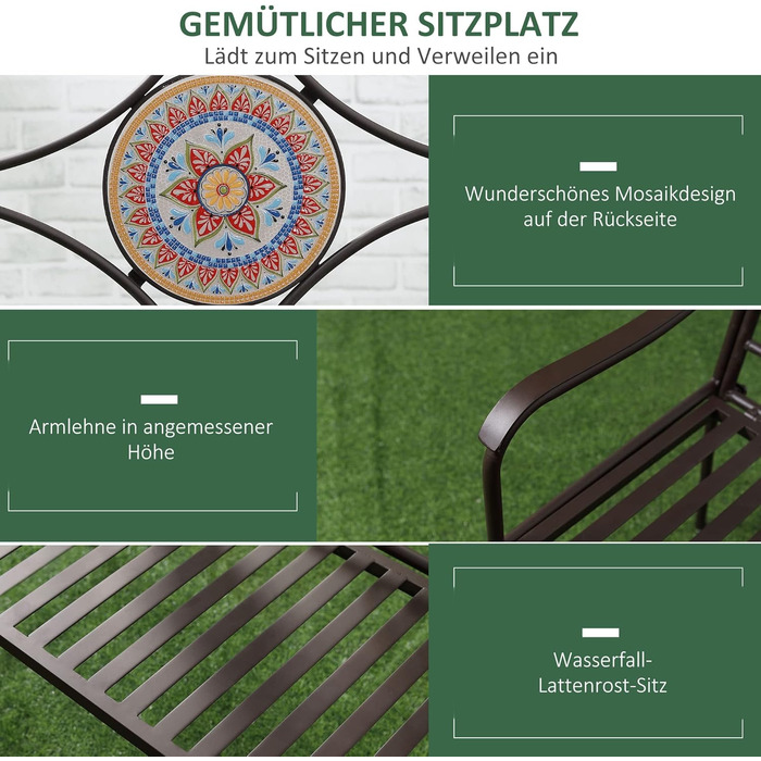 Лавка Outsunny Garden Metal, 2-місна паркова лавка зі спинкою, підлокітником, лавка з мозаїчними каменями для саду, балкона, макс. 220 кг, коричнева, 121 х 52 х 93 см