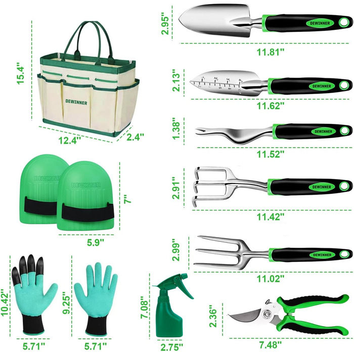 Набір садових інструментів DEWINNER 11 предметів, алюмінієві садові набори з сумкою для садових інструментів, садові інструменти та обладнання, садові подарунки для жінок