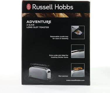 Тостер Russell Hobbs довгий слот для 2 скибочок / 1 широкий шматок хліба Adventure з нержавіючої сталі (дуже широкий слот для тостів, включаючи насадку для булочки, 6 рівнів підрум'янювання функція розморожування, 1000 Вт) 21396-56