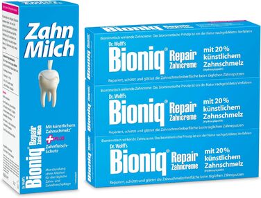 Зубна паста Bioniq Repair, 4 x 75 мл і зубне молоко в наборі, 1 x 400 мл - Зубна паста зі штучною емаллю та захистом ясен і відновлюючим ополіскувачем для порожнини рота