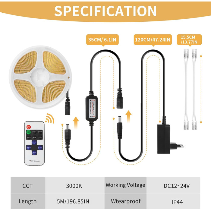 Світлодіодна стрічка COB 5M, світлодіодна стрічка 2700K з можливістю затемнення 24 В COB Теплий білий, світлова стрічка самоклеюча водонепроникна IP44, світлодіодна стрічка з пультом дистанційного керування для освітлення під стільницею Телевізор Кухня Ві