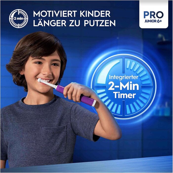 Електрична зубна щітка Oral-B Pro Junior для дітей від 6 років, датчик тиску, 3 режими чищення в т.ч. чутливий для догляду за зубами, м'яка щетина та таймер, дизайн Braun, фіолетовий фіолетовий