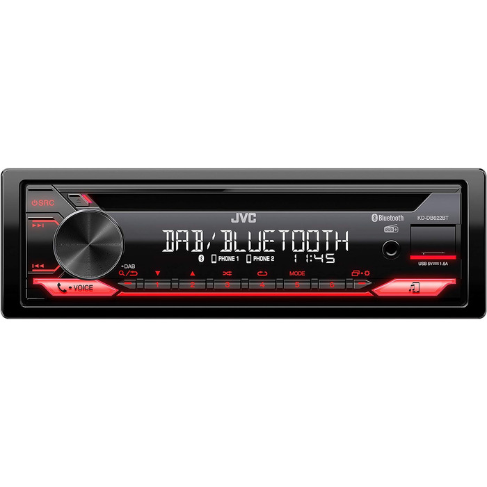 Автомагнітола JVC KD-DB622BT CD з системою гучного зв'язку DAB і Bluetooth (звуковий процесор, USB, AUX-вхід, Spotify Control, 4 х 50 Вт, підсвічування червоної клавіші, без антени) (комплект з адаптером для антени)