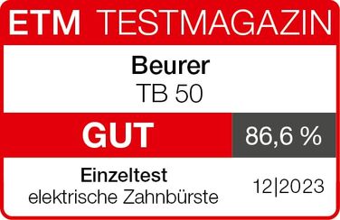 Електрична зубна щітка Beurer TB 50, 3 програми чищення для догляду за зубами, технологія коливально-пульсуючої щітки для видалення нальоту, вбудований датчик тиску, акумулятор з 45-денним часом роботи