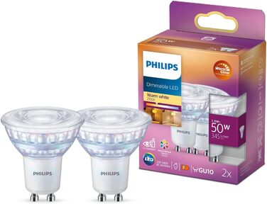 Лампи Philips LED Classic GU10 теплого світіння (50 Вт), світлодіодні плями з рефлектором із регулюванням яскравості та теплим білим світлом, енергозберігаючі лампи з тривалим терміном служби (50 Вт, упаковка з 2 шт. , з можливістю затемнення теплого світ