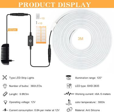 Світлодіодна стрічка теплого білого кольору, неонова світлодіодна стрічка 3M 12V з можливістю затемнення, світлодіодна стрічка 3000K, водонепроникна силіконова гнучка стрічка своїми руками IP65 з джерелом живлення та контролером для прикраси домашньої кух