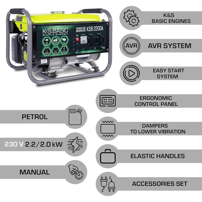 Генератор електроенергії KS BASIC 2200А, 4-тактний бензиновий двигун 5.5 к.с., алюмінієвий альтернатор, автоматичний регулятор напруги (AVR), генератор 2200 Вт, 16А, 230В, для дому та відпочинку