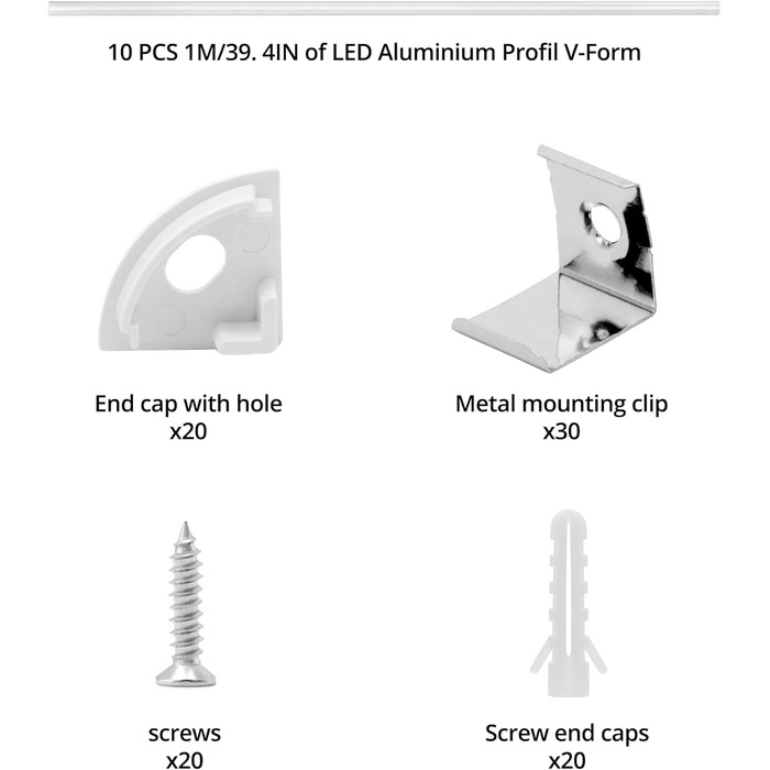 Світлодіодний алюмінієвий профіль QWORK V-подібна форма 10x1 м, світлодіодна кришка, світлодіодна стрічка, світлодіодний профіль 45 градусів з монтажним матеріалом