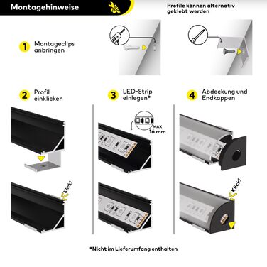 Алюміній - світлодіодний алюмінієвий профіль чорний - 200 см - кутовий профіль - опалова кришка з аксесуарами - для світлодіодної стрічки 16 мм - сумісна з Philips Hue - Spree (Spree Black 200 Semi)