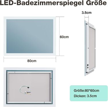Дзеркало для ванної кімнати GIMBELEN з підсвічуванням, дзеркало для ванної кімнати 80 x 60 см з підсвічуванням і кнопковим вимикачем, світлодіодне дзеркало для ванної кімнати з протитуманним покриттям, 2 кольори світла регулюються, 3000K / 6500K, енергозб