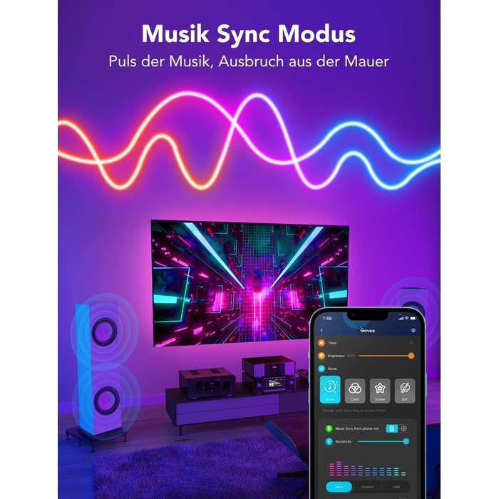 Неонова світлодіодна стрічка Govee RGBIC неонова світлодіодна стрічка з керуванням програмою, працює з Alexa та Google Assistant, світлові ефекти своїми руками, синхронізація музики, неонова стрічка для вітальні, спальні, декор стін (5M)