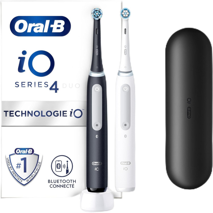 Електричні зубні щітки Oral-B iO 4, 2 акумуляторні ручки, 2 щітки та 1 дорожній кейс, дизайн Braun, оригінальні подарунки, чорний та білий