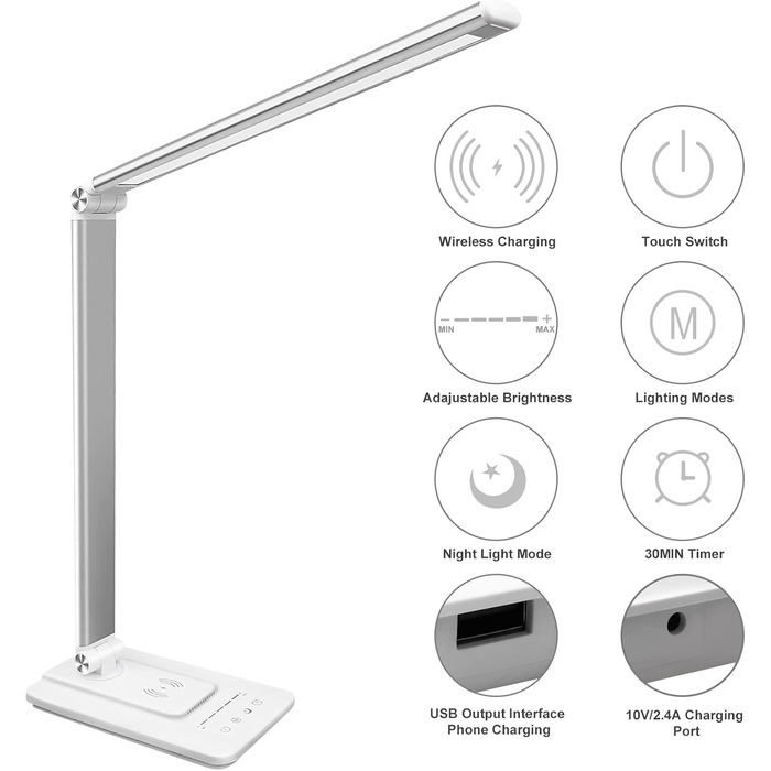 Світлодіодна настільна лампа з бездротовою зарядкою 10 Вт, USB-порт для заряджання, настільна лампа з 5 рівнями яскравості, 5 рівнями кольору, захист очей, чутливе керування затемненням, 30-хвилинна офісна лампа з автотаймером