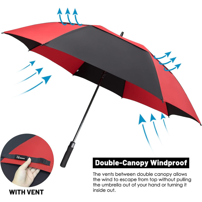 Парасолька NINEMAX Велика штормонепроникна, парасолька для гольфу Автоматичне ввімкнення, парасолька L/XL/XXL для чоловіків, жінок, подвійний балдахін, вентильований червоний/чорний2 54 дюйми/137 см