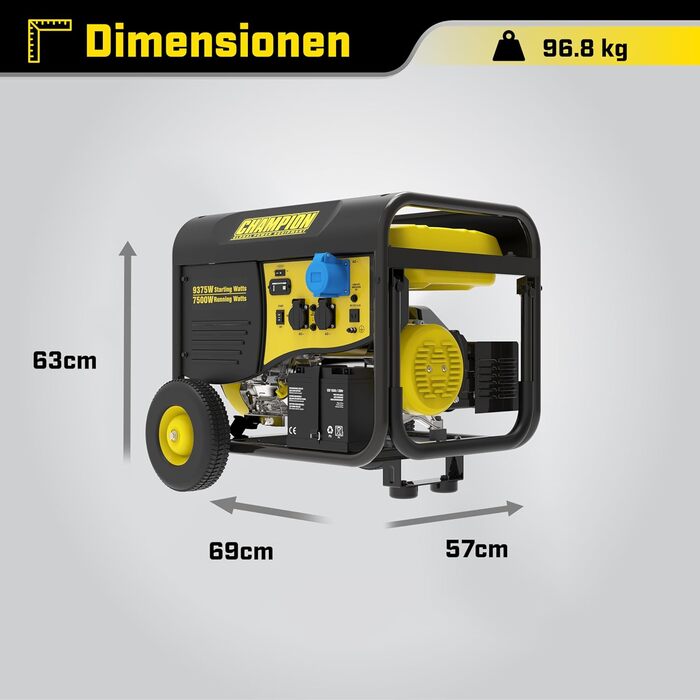 Бензинова генераторна установка Champion Power Equipment (9000 Вт, портативний генератор, генератор з дистанційним керуванням і тяговим стартером, паливний бак 25 л, час роботи 10 годин / 50 навантаження) CPG9000E2-EU, жовтий