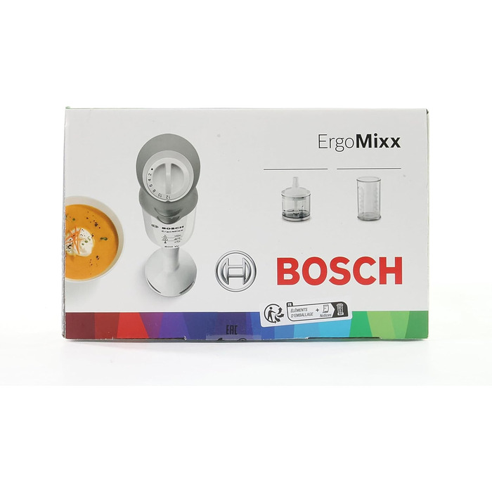 Ручний блендер Bosch ErgoMixx MSM66020, ніжка блендера, змішувально-мірний стакан, 4-лезовий ніж, ергономічний дизайн, 12 рівнів плюс турбо, 600 Вт, білий/сірий, білий/сірий