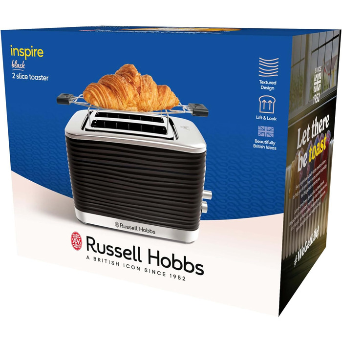 Тостер Russell Hobbs на 2 скибочки Inspire Black з високоякісною глянцевою структурою (надзвичайно широкі отвори для тостів, включаючи насадку для булочки, 6 рівнів підрум'янювання функція розморожування та підігріву) 24371-56