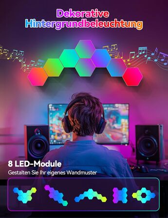 Настінний світильник з дистанційним керуванням, Music Sync, APP Control, Smart Hexagon Lamp for Room Decoration, Gaming, 8 шт., LED Hexagon Gaming Wall Light, RGB Hexagon Honeycomb