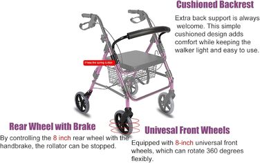 Ходунки з сидінням і колесами та гальмами 20,3 см Складний міцний вуличний ролик для людей похилого віку зі спинкою та кошиками, регульованою висотою