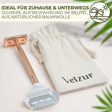 Безпечна бритва VELZUR з 5 лезами та дорожня сумка - захищена конструкція ручки з нержавіючої сталі наддовга та нержавіюча - безпечний набір бритв для жінок та чоловіків - без пластику - Безпечна бритва преміум-класу з рожевого золота