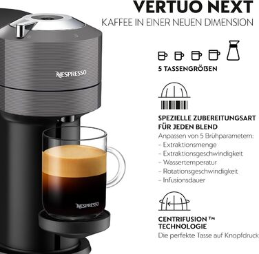 Кавова капсульна машина Nespresso De'Longhi ENV 120.GY Vertuo Next, 1500 Вт, 1,1 л, 42,9 x 14,2 x 31,9 см, сіра без піноутворювача молока