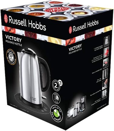 Чайник Russell Hobbs 1,7 л, 2400 Вт Victory полірований з нержавіючої сталі (функція приготування під тиском, знімний фільтр від накипу, оптимізований носик виливу, знімне маркування кількості наповнювача) Чайник для чаю 23930-70 Чайник 1,7л