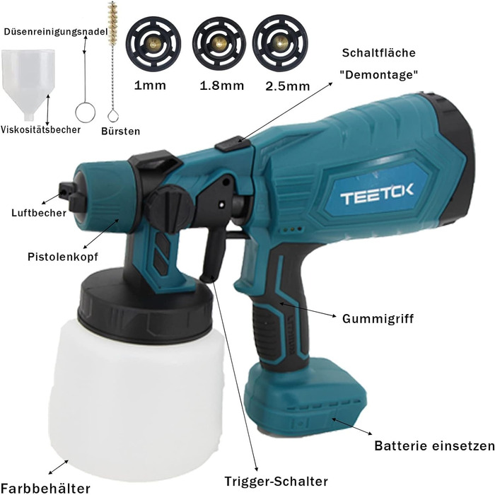 Акумуляторна система розпилення фарби, електричний фарборозпилювач з 3 насадками, 3 схеми розпилення, розпилювач на 1000 мл, для фарбування стін (2х3000mAh акумулятор і зарядний пристрій) Синій
