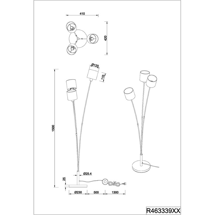 Торшер Reality Lamp Tommy R46335979, матовий метал, тканинний абажур золотистий колір, ексклюзивний 5 шт. E14 (білий, торшер 3 світла)