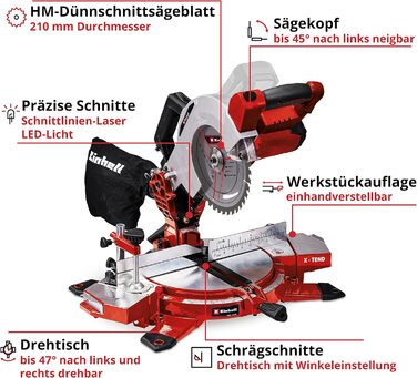 Акумуляторна поперечна пила Einhell TE-MS 18/210 Li-Solo Power X-Change (18 В, макс. глибина/ширина різання 60 мм x 120 мм, пильний диск Ø 210 мм, поворотна пильна головка, лазер, без акумулятора та зарядного пристрою, без E-стійки)