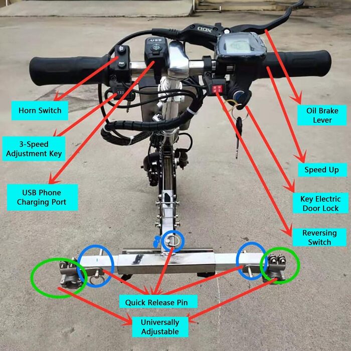 Електричний ручний велосипед Кріплення для інвалідного візка, 3 регулювання швидкості, запас ходу 90 км, 12-дюймові колеса, комплект для переобладнання електричного інвалідного візка