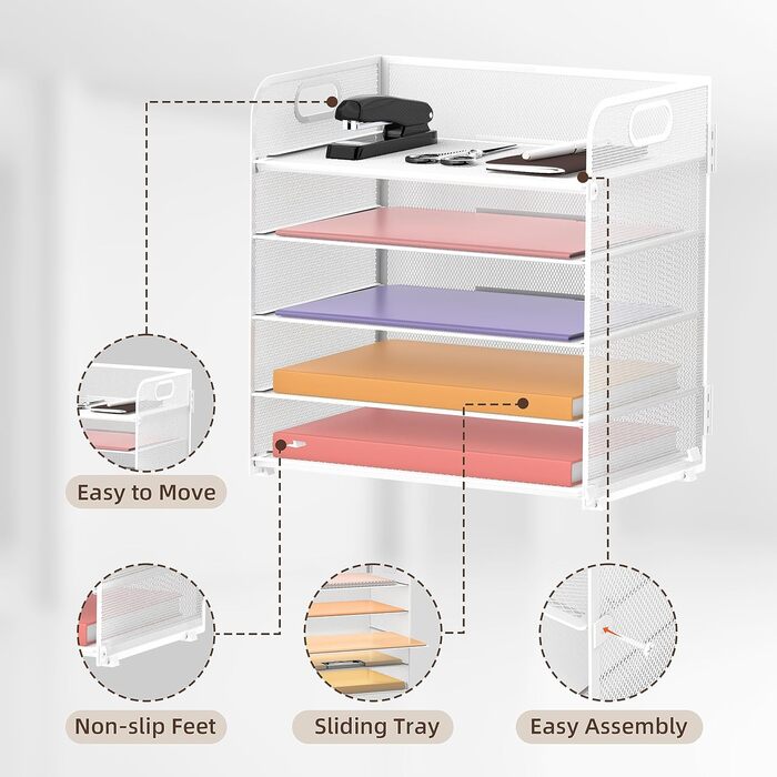 Полиць, органайзер для паперу, лоток для листів з ручкою, сітка, настільний органайзер для офісу, дому чи школи Elegant White, 5 рівнів, 5