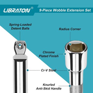 Набір нахилених подовжувачів LIBRATON 9 шт. , дюймові подовжувачі 1/2, 3/8, 1/4 дюйма, набір подовжувачів Cr-V з хромованим відсіком для зберігання з EVA сріблястого кольору