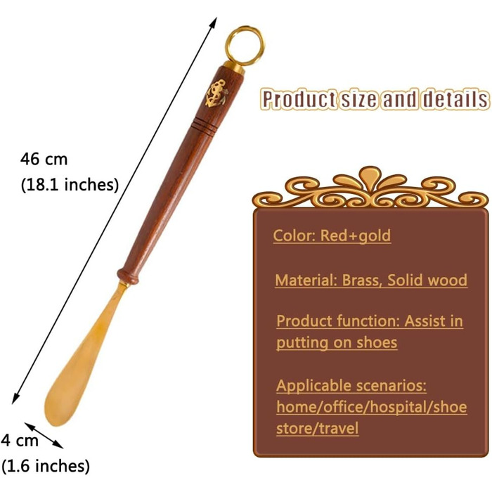 Ріжк для взуття для жінок, людей похилого віку, домашнє господарство, ретро-ріжк для взуття із середньою та довгою ручкою, латунний помічник для взуття для людей з ампутованими кінцівками з круглим гачком, простий у використанні гладкий підйомник взуття 4